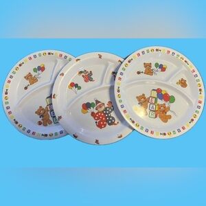 Vintage Optimal Melamine 3 part divided plates- 3 Plate Set (2 Bears & 1 Clown)